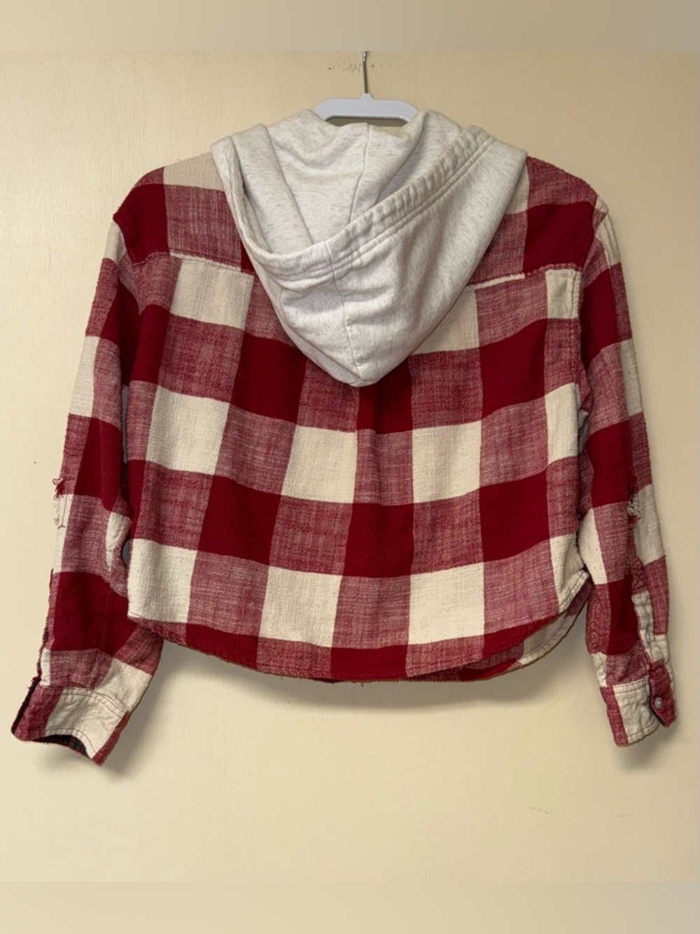 American Eagle Outfitters Red & Cream Plaid Hooded Button-Down - Cropped - Picture 2 of 8